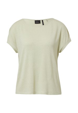 Light green short-sleeve shirt made of a soft, textured fabric with a relaxed fit and a boat neckline. Subtle sparkles throughout.