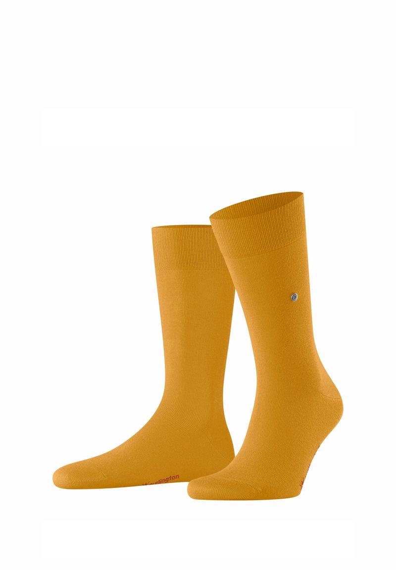 Chaussettes en coton jaune avec des poignets côtelés et une texture lisse. Présente un petit logo près de l'orteil et un design de couleur unie.