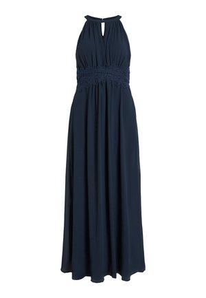 Abito lungo navy con scollatura halter, vita in pizzo e silhouette fluida. Il dettaglio a oblò nella parte posteriore arricchisce il design. Tessuto dal tocco morbido.