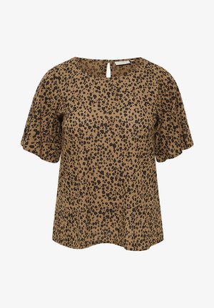 Smeđa bluzica kratkih rukava s uzorkom leopard printa, sa okruglim izrezom i malim prorezom na leđima. Glatka tekstura tkanine.