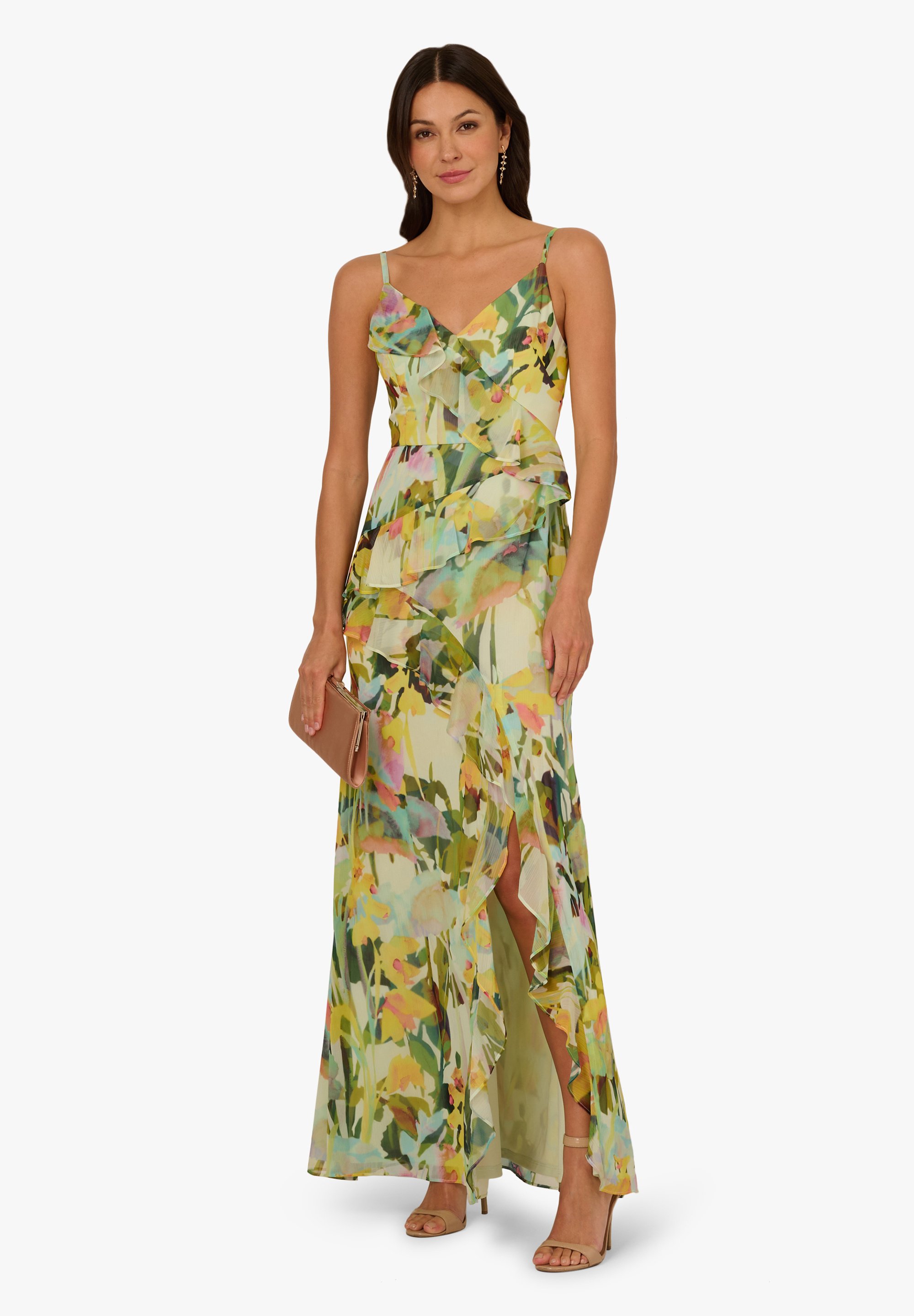 【海外限定】AdriannaPapell ドレス☆Green Printed Strap Casca Adrianna Papell PRINTED STRAP CASCADE GOWN - Maxi dress