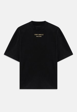 T-shirt en coton noir à manches courtes, col rond, avec un texte imprimé doré "JUST CAVALLI TRUE LOVER" sur le devant.