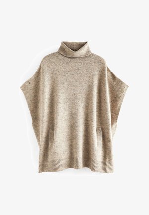 Béžový svetr pončo s rolákem vyrobený z texturované pleteniny, se bočními kapsami a žebrovaným lemem a límcem.