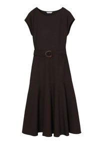Robe midi noire avec manches courtes, encolure ronde et ceinture assortie avec boucle circulaire à la taille.
