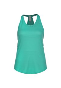 Débardeur de sport turquoise avec un col rond dégagé, un dos nageur et un tissu texturé. Il présente un petit logo au niveau de l'ourlet.