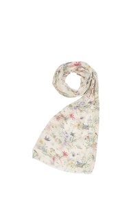 Let og letvægts ivory scarf med blomster- og fuglemotiv i pastelfarver. Blødt materiale med en flydende tekstur og forlænget rektangulær form.