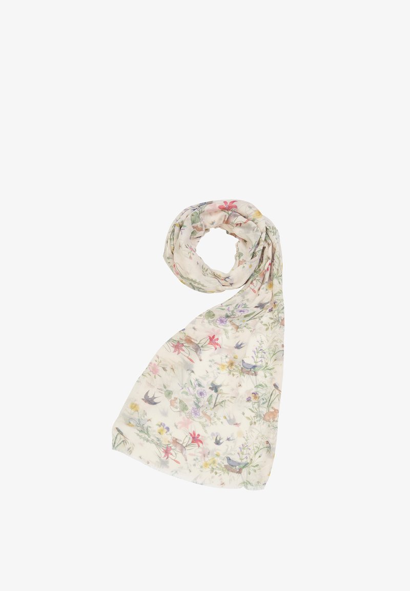 Gaišs, zivs krāsā iedegts šalle ar ziedu un putnu rakstu pasteļa krāsās. Mīksts materiāls ar plūstošu tekstūru un izstieptu taisnstūra formu.