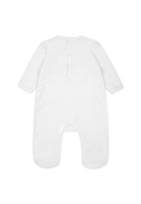 Witte lange mouwen baby romper van zachte stof, met een drukknoopsluiting aan de achterkant en een ronde halslijn, met cuffs en voetjes die van stof zijn gemaakt.