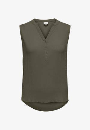 Olive green sleeveless blouse with a V-neck, buttoned placket, and gently curved hem. Made from lightweight, textured fabric.