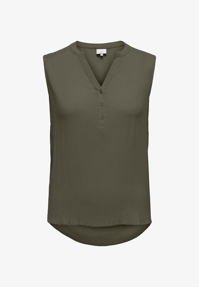 Olivenfarget ærmeløs bluse med V-hals, knappestolpe og svakt buet kant. Laget av lett, strukturert stoff.