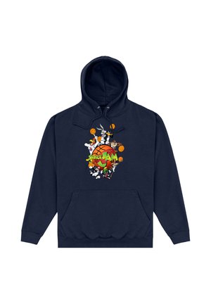 Marineblauer Hoodie mit Comicfiguren rund um einen Basketball und dem Schriftzug "Space Jam" in Grün und Orange auf der Vorderseite in der Mitte.