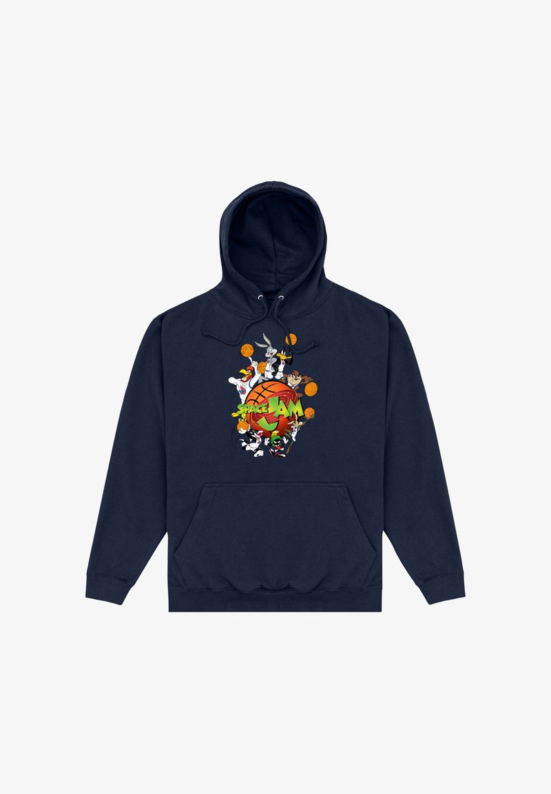 Granatowa bluza z kapturem z postaciami z kreskówki wokół koszykówki oraz napisem "Space Jam" w zielonym i pomarańczowym kolorze na środku przodu.