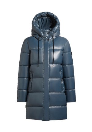 Dark blue, long padded winter coat with large hood and black drawstrings, front pockets, and front buttons over zipper closure.