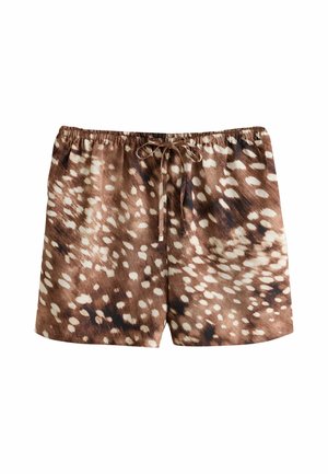Short marron et crème à taches avec taille élastique et cordon de serrage à l'avant, ressemblant à un motif de fourrure d'animal.