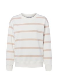 White crewneck sweatshirt with light beige horizontal stripes and ribbed cuffs and hem.