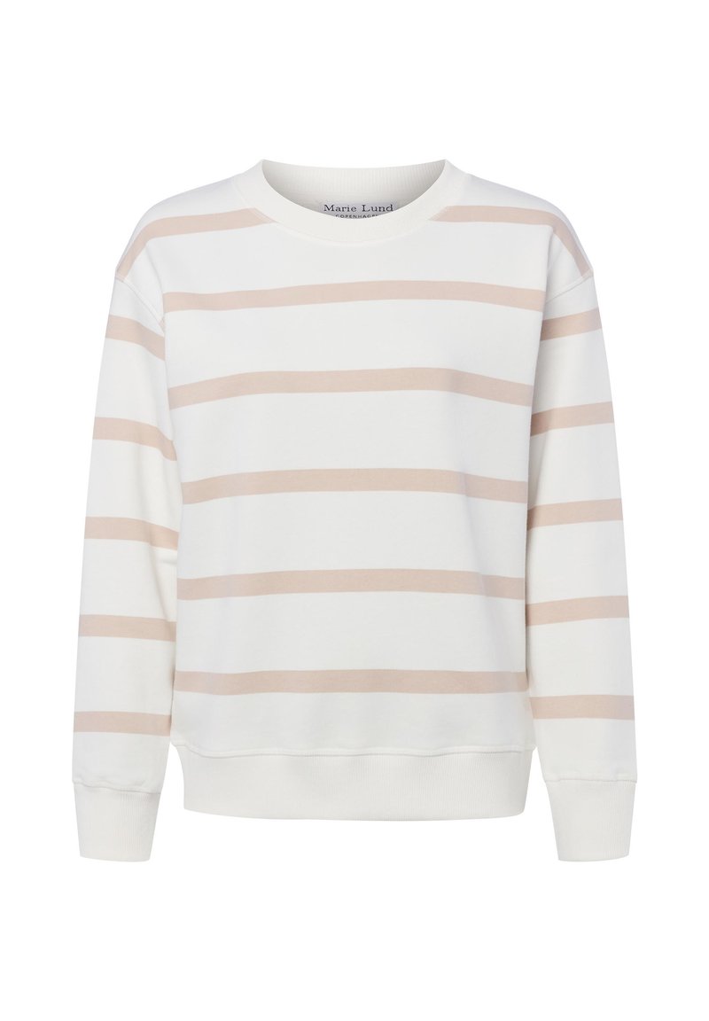 White crewneck sweatshirt with light beige horizontal stripes and ribbed cuffs and hem.