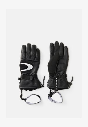 Gants en cuir noir avec un design flexible, des paumes renforcées et un détail de logo blanc. Comprend des sangles au poignet et un mécanisme de cinchage sécurisé.