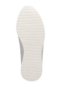 Grijze sportieve schoen zool met een getextureerd profiel en wit rubber materiaal. Inclusief merkdetail nabij de hiel.