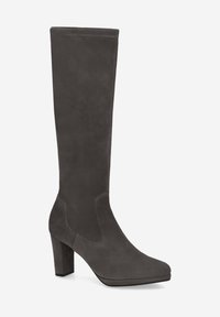 Women's dark gray suede knee-high boot with block heel and rounded toe, side seam detailing, on white background.