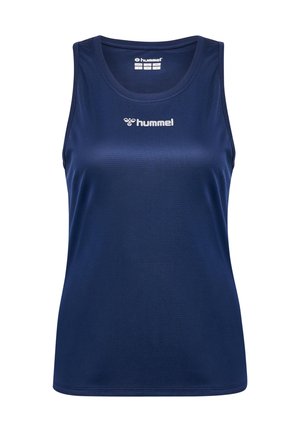 Marineblå udenærmet atletisk top lavet af tekstureret stof med rund halsudskæring og hvid "hummel" logo foran.