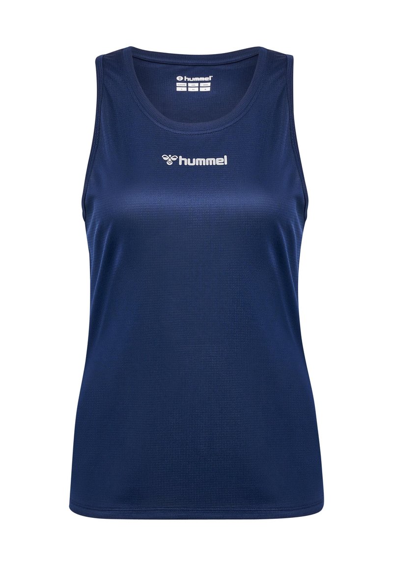 Granatowa, bezrękawnikowa koszulka sportowa wykonana z fakturowanej tkaniny, z okrągłym dekoltem i białym logo "hummel" z przodu.