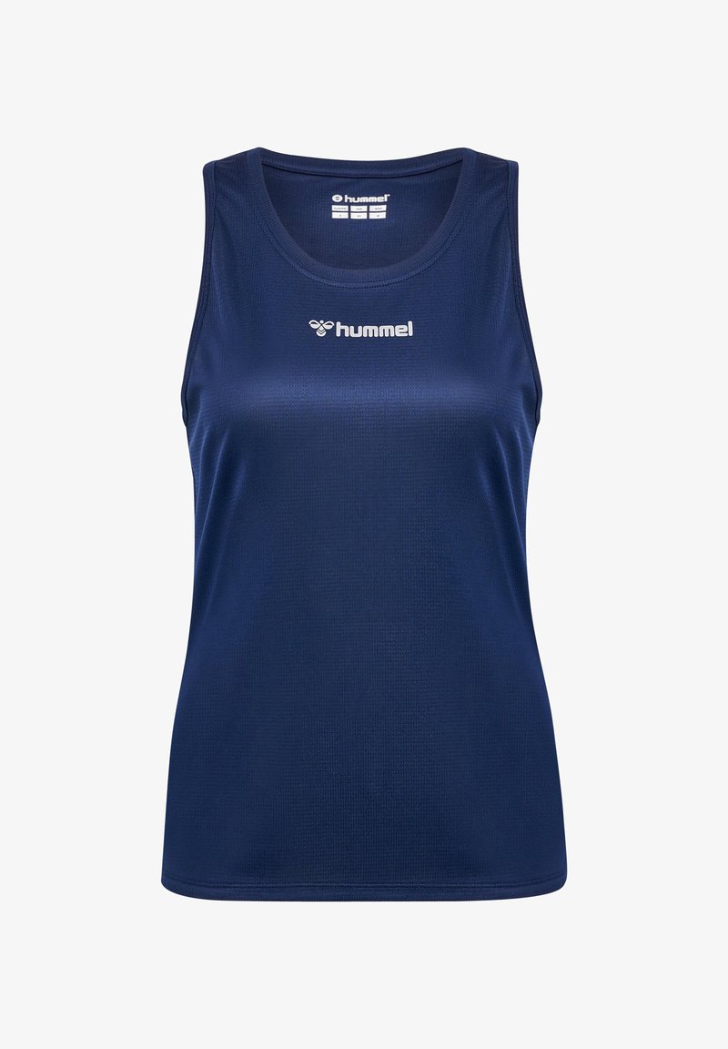 Marineblaue ärmellose Sportoberteil aus strukturiertem Material mit Rundhalsausschnitt und weißem "hummel"-Logo auf der Vorderseite.