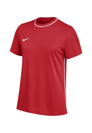 Camiseta deportiva roja de manga corta con el logo blanco de Nike en el pecho, ribete blanco en el cuello y rayas blancas a los lados.