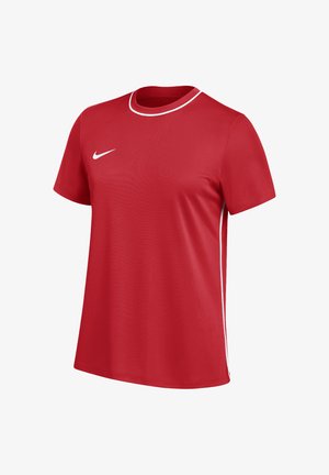 Maglia sportiva rossa a maniche corte con logo Nike bianco sul petto, bordo bianco sul colletto e strisce bianche lungo i lati.