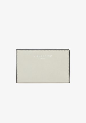 Szary skórzany portfel o gładkiej fakturze, z wytłoczonym logo "Liebeskind Berlin" z przodu i kontrastującymi brzegami.