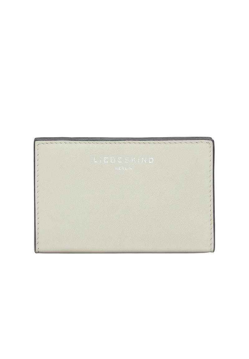 Portafoglio in pelle grigia con una texture liscia, caratterizzato dal logo in rilievo "Liebeskind Berlin" sul fronte e bordi a contrasto.