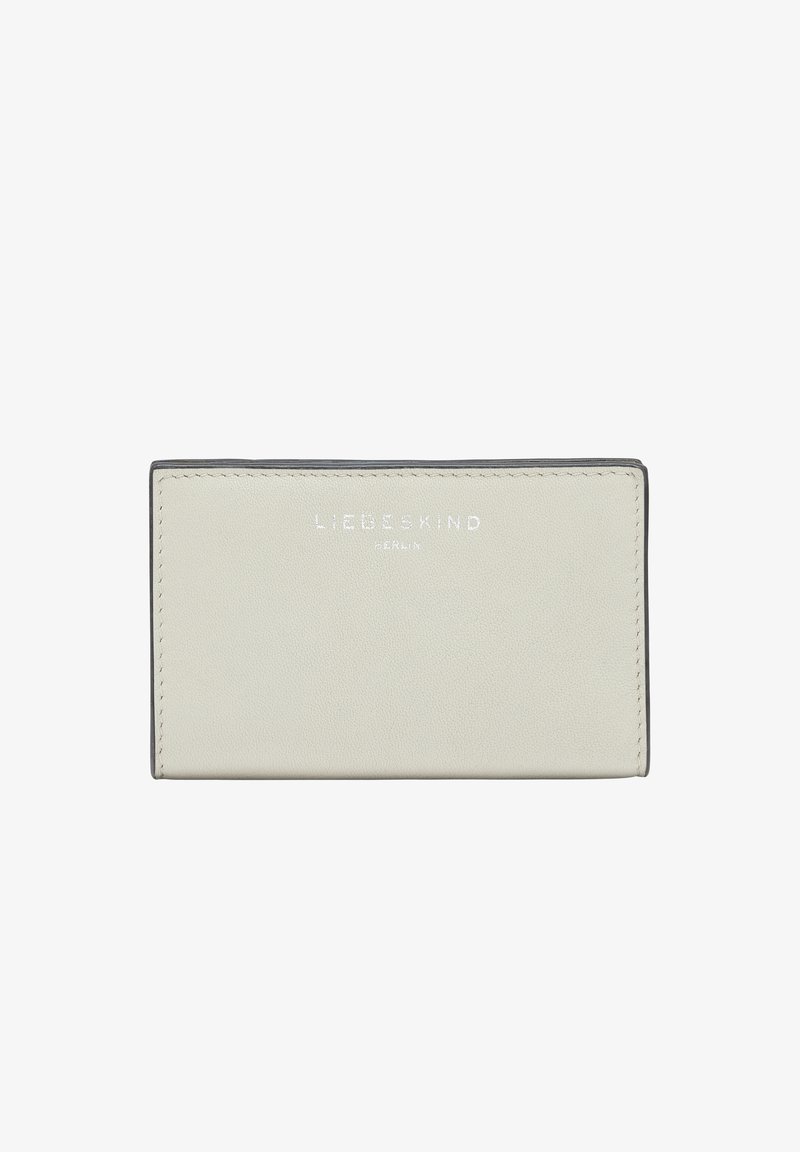 Portafoglio in pelle grigia con una texture liscia, caratterizzato dal logo in rilievo "Liebeskind Berlin" sul fronte e bordi a contrasto.