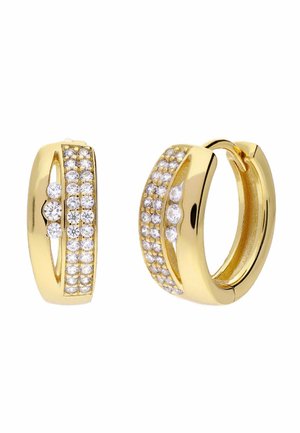 Gold hoop earrings with two rows of small clear stones and a central line of spaced larger clear stones, polished and shiny.