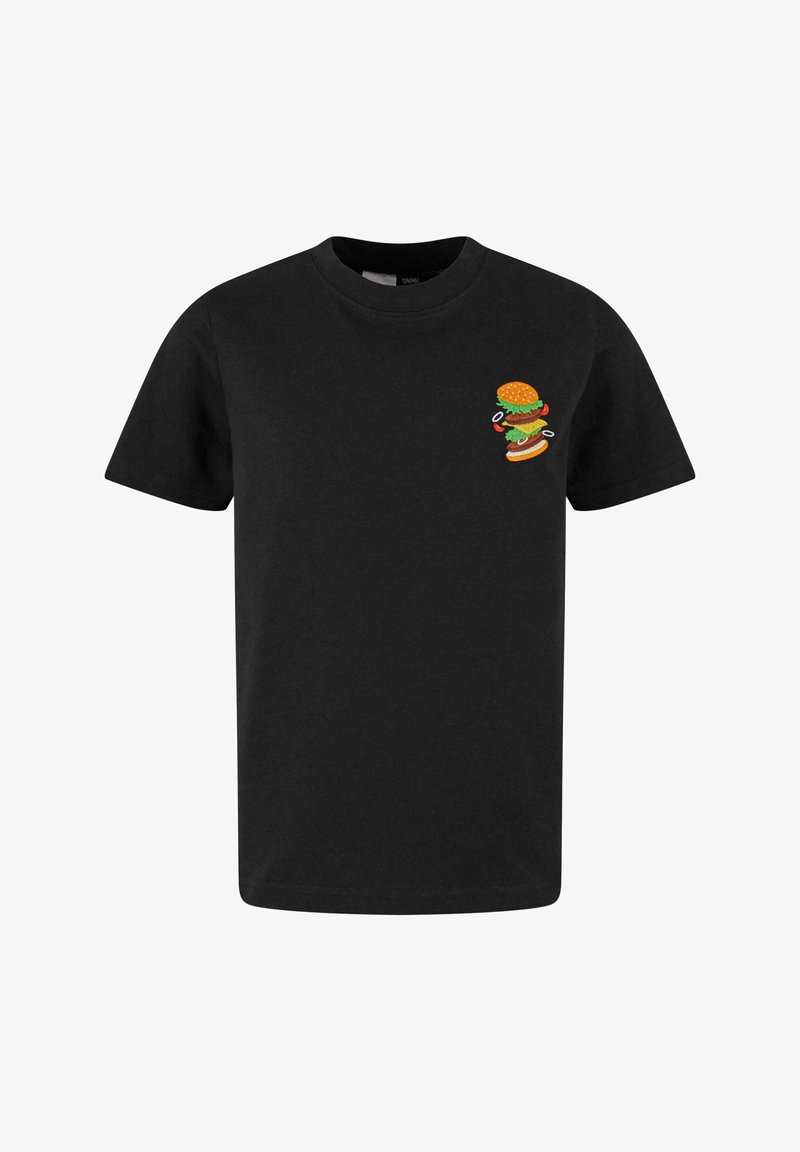 Svart bomulls t-skjorte med en brodert burger-grafikk på venstre bryst, med detaljer som salat, tomat og sesamfrøbrød.
