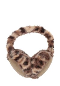 Scaldacollo in pelliccia sintetica con un design a stampa leopardata e una base beige morbida e imbottita. Forma curvata con una finitura morbida e testurizzata.