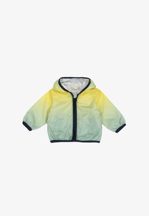 Veste légère à capuche dégradée jaune vers vert, dotée d'une fermeture éclair à l'avant et de finitions bleu marine avec des poignets élastiques et deux poches latérales.