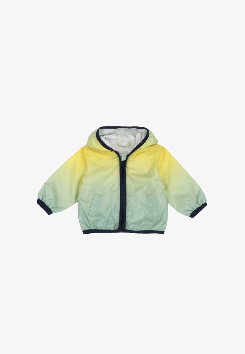 Veste légère à capuche dégradée jaune vers vert, dotée d'une fermeture éclair à l'avant et de finitions bleu marine avec des poignets élastiques et deux poches latérales.