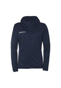 Giacca sportiva navy con zip frontale, cappuccio e logo uhlsport. Caratterizzata da una texture di tessuto liscia e un design aderente con maniche lunghe.