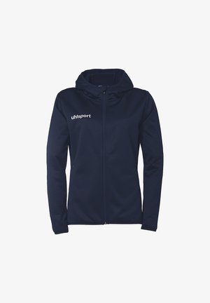 Marine sportjakke med lynlås i front, hætte og uhlsport-logo. Har en glat stoftekstur og en tætsiddende design med lange ærmer.