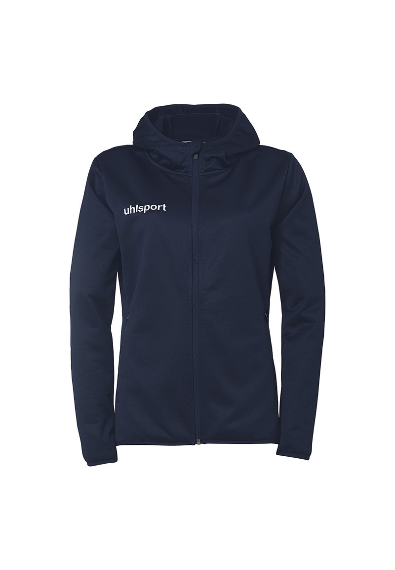 Giacca sportiva navy con zip frontale, cappuccio e logo uhlsport. Caratterizzata da una texture di tessuto liscia e un design aderente con maniche lunghe.