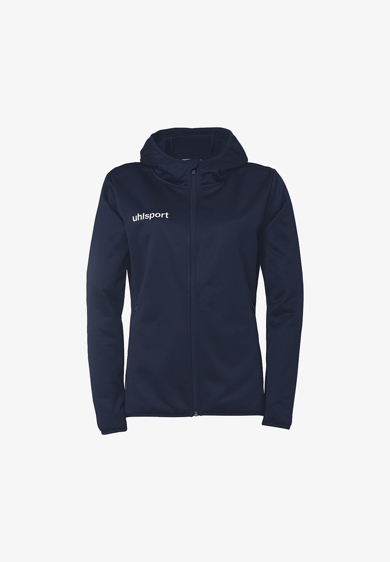 Giacca sportiva navy con zip frontale, cappuccio e logo uhlsport. Caratterizzata da una texture di tessuto liscia e un design aderente con maniche lunghe.