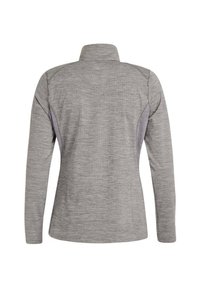 Graues Langarmshirt mit hohem Kragen, aus strukturiertem Stoff und kontrastierenden hellgrauen Seitenpaneelen. Keine sichtbaren Logos oder Muster.