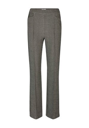 Black and white geometric patterned straight-leg trousers with a mid-rise waistband and front crease detail.