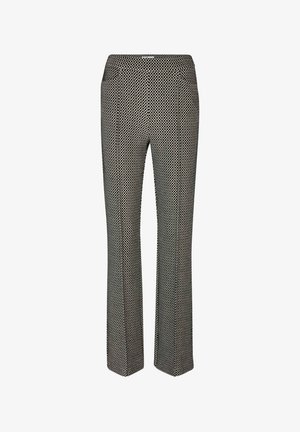 Black and white geometric patterned straight-leg trousers with a mid-rise waistband and front crease detail.