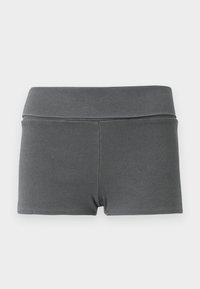 Donkergrijze geribbelde stoffen shorts met een brede elastische tailleband, ontworpen voor een snug fit.
