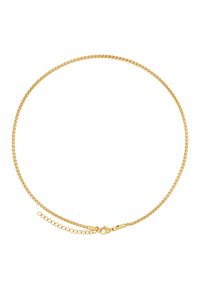 Gouden ketting met een gedraaid ontwerp, een gladde textuur en een karabijnhaak met een verstelbare verlengkettinkje.