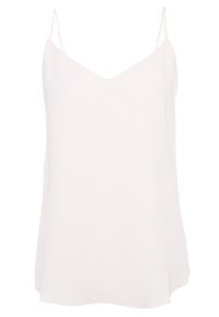 Débardeur rose clair avec de fines bretelles ajustables, un décolleté en V et un tissu fluide, légèrement transparent. L'ourlet est doucement courbé.