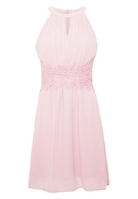 Rosa knielanges Kleid mit Halterneck, gefaltetem Stoff, Spitzenbund und einem Ausschnitt in Form eines Schlüssellochs vorne. Durchgehend glatte Textur.