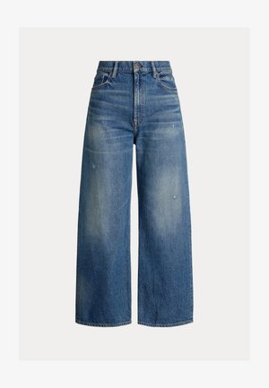 Jeans de mezclilla de corte ancho en un azul claro con una cintura alta, con cierre de botón, presillas para cinturón y sutiles detalles de desgastado y desvanecimiento.