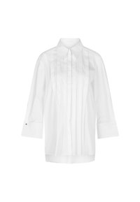 White blouse with a fold-down collar, front pleats, and three-quarter length sleeves. Features gold-colored button accents on sleeves.