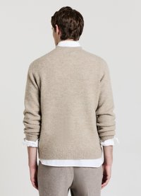 Beiger Pullover mit Rundhalsausschnitt und gerippten Bündchen, getragen über einem weißen Hemd. Weiche Textur mit einfachem, neutralem Design.